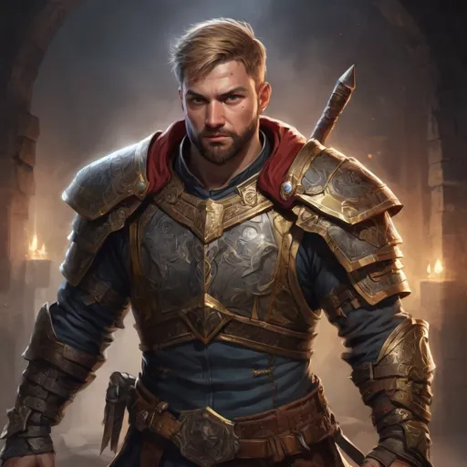 Prompt: Male stocky warrior in  a breastplate, with short dark-blonde hair and beard, exploring a dark dungeon, pathfinder, d&d setting, in a realistic high quality digital art style, enhanced shadow quality, very colorful