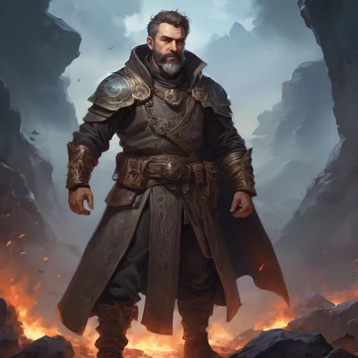 Prompt: Male stocky large mature bulgarian battle-mage with short-cut hair and beard, exploring a dark astral battlefield, pathfinder, d&d setting, enhanced shadow quality