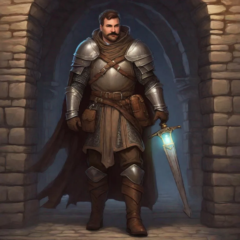 Prompt: (Fullbody) an mature knight manly face, brown-grey short-hair mustache and stubble, heavy armor, hairy chest, heavy belt, brown boots, cloak, pathfinder, dungeons and dragons, exploring an old dungeon in the dark, holding lantern and a weapon, in a painted style, realistic