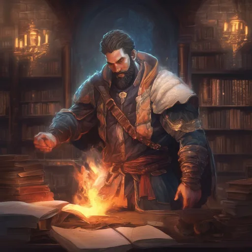 Prompt: (Full body) male stocky muscular big-chested young warlock with striped short hair and beard, hairy chest, casting swirly bright spell, in a dark library, pathfinder, d&d setting, in a realistic high quality digital art style