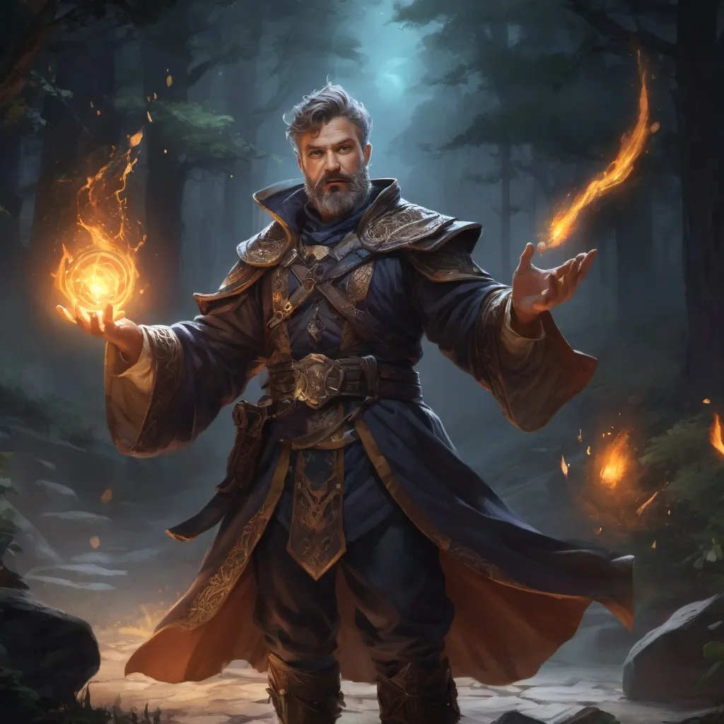 Prompt: Male stocky heavy-set mature summoner with short-cut hair and beard, magical glowing robes, casting a spell in combat, in nature at night, pathfinder, d&d setting, in a realistic high quality digital art style, enhanced shadow quality