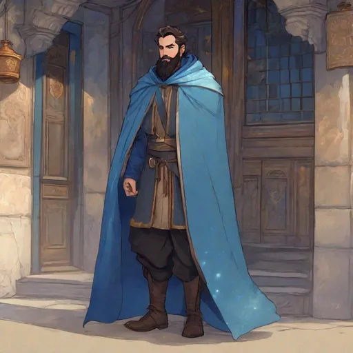 Prompt: (Full-body) a handsome large hairy male wizard with dark short hair and short beard, staff emitting weak light in one hand, blue robe with details, visible chest hair, cloak, boots, street in a town, in a shaded painted style