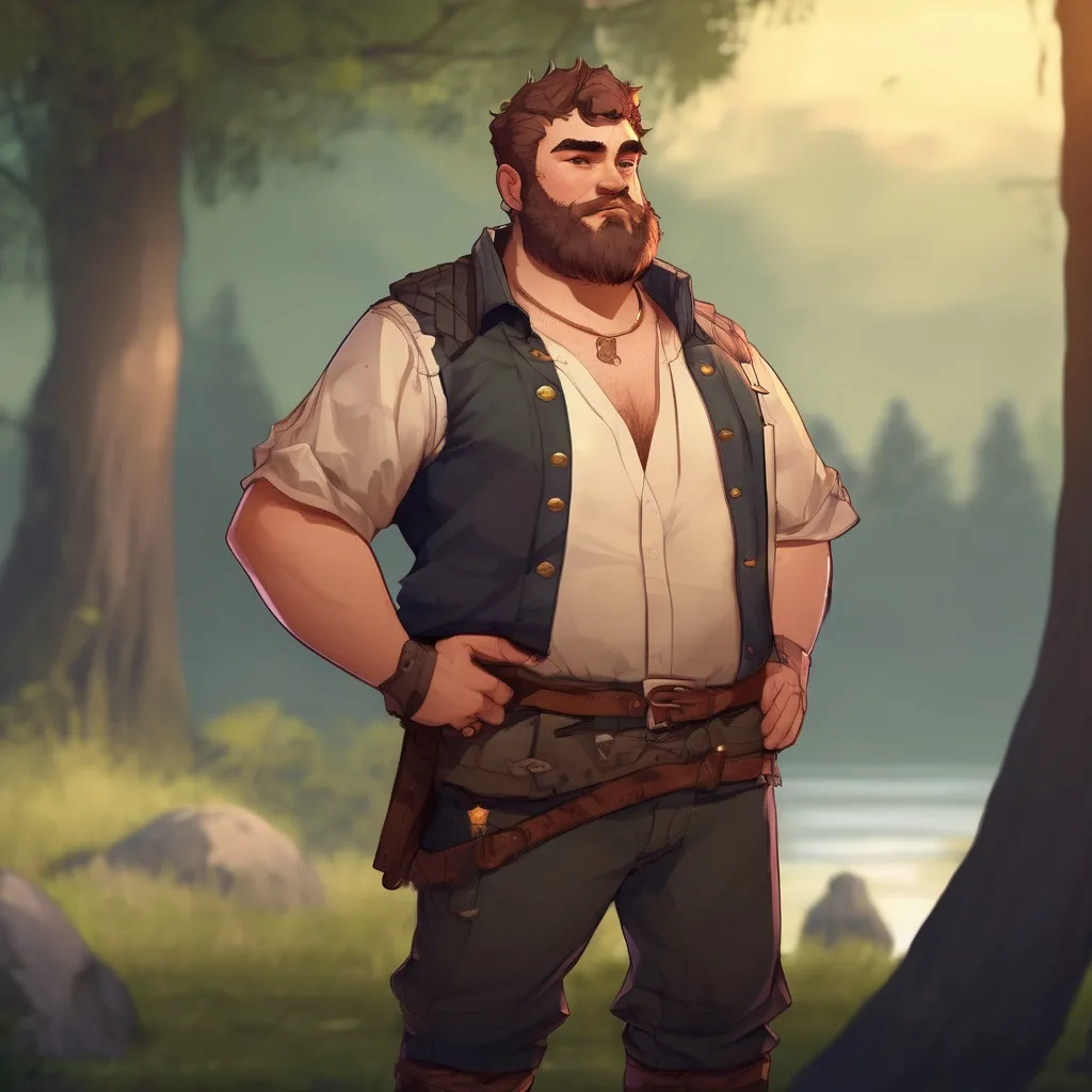 Prompt: (Full body) male chubby hairy-chested fighter with short hair and beard, open shirt, in nature in the evening, pathfinder, d&d setting, in a realistic digital art style