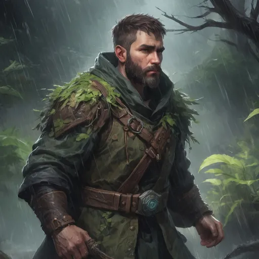 Prompt: Male stocky heavy-set druid with short-cut hair and beard, in a thicket battlefield in a heavy rainstorm, pathfinder, d&d setting, in a realistic high quality digital art style, enhanced shadow quality, colorful