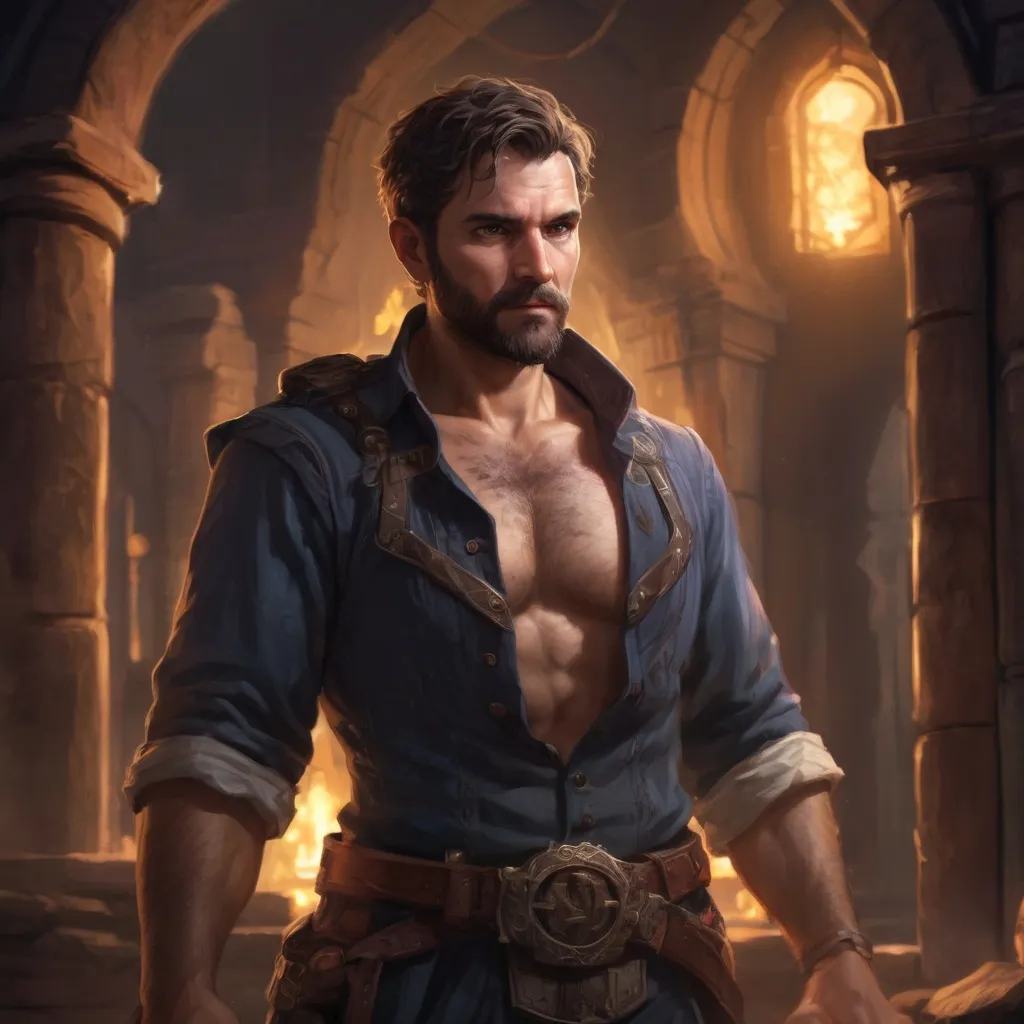 Prompt: (torso) Male stocky mature bard with short-cut hair and beard, hairy chest open shirt, inside of a magical temple dungeon at night, pathfinder, d&d setting, in a realistic high quality digital art style, enhanced shadow quality