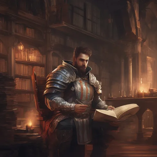 Prompt: (Full body) male stocky big-chested young armored cleric with striped short hair and beard, hairy chest, casting swirly bright spell, in a dark library, pathfinder, d&d setting, in a realistic high quality digital art style