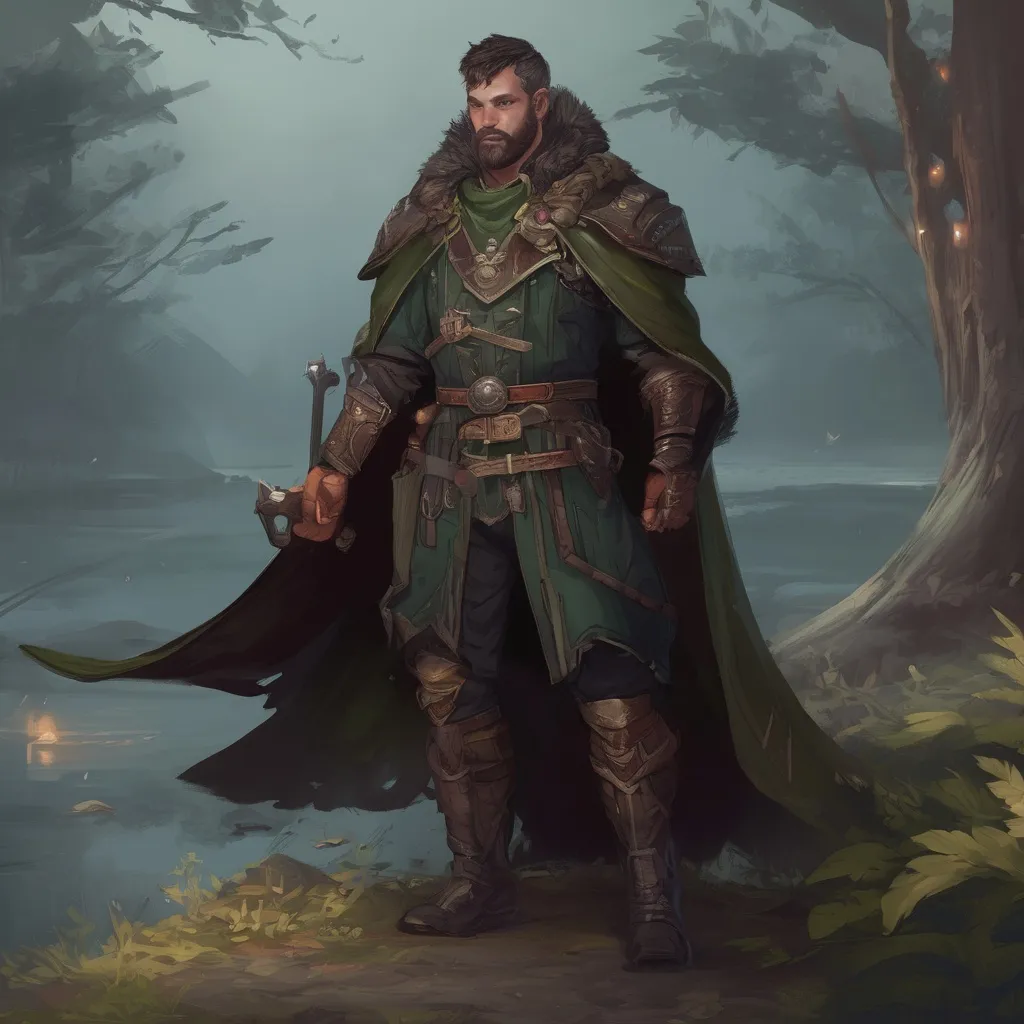 Prompt: (Full body) male stocky dragoon with short-cut hair and beard, in nature in the dark, cloak, pathfinder, d&d setting, in a realistic digital art style