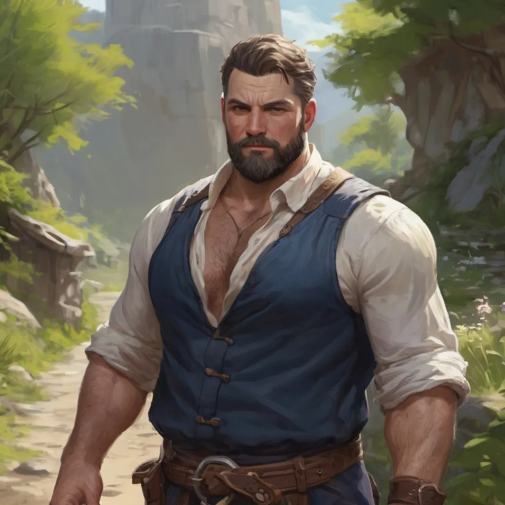 Prompt: (torso) two Male stocky large fat beefy 37-year old enchanter with short-cut hair and beard, open shirt hairy chest, falling in love, holding hands, on a windy path, pathfinder, d&d setting, in a realistic high quality digital art style, enhanced shadow quality, colorful