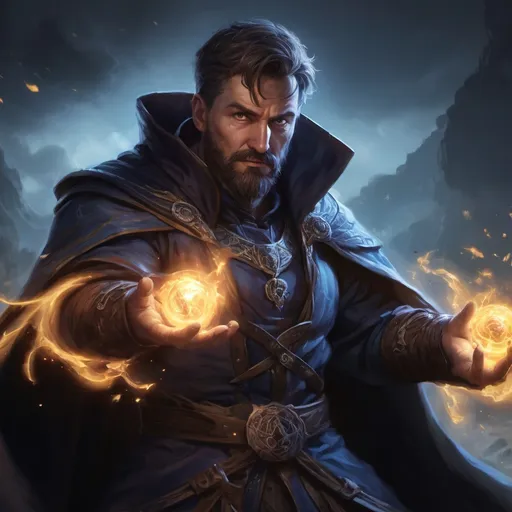 Prompt: Male stocky heavy-set mature sorcerer with short-cut hair and beard, casting a glowing spell out of hands, on a battlefield at night, pathfinder, d&d setting, in a realistic high quality digital art style, enhanced shadow quality