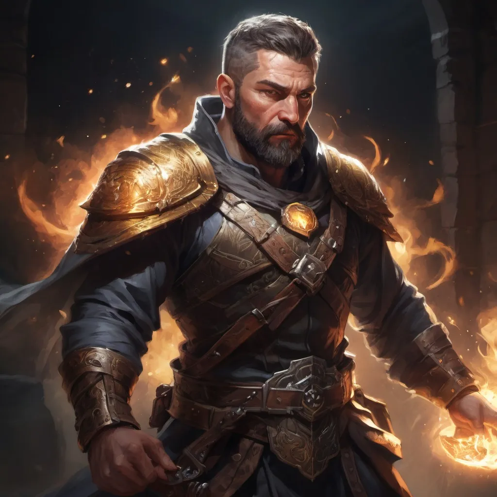 Prompt: Male stocky large mature muscular cleric with short-cut hair and beard, engaged in combat casting a prismatic-light spell inside of a dark dungeon, pathfinder, d&d setting, in a realistic high quality digital art style, enhanced shadow quality