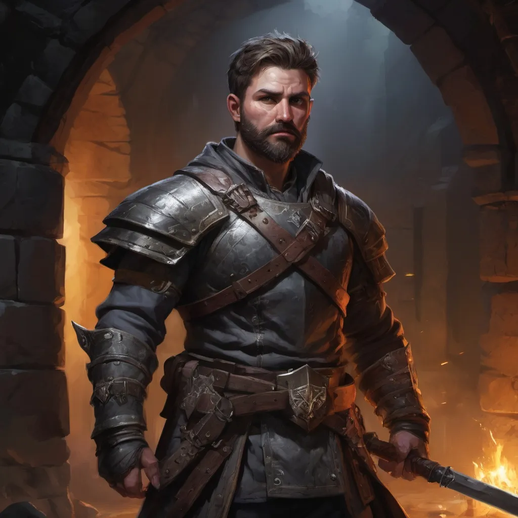 Prompt: Male stocky large warrior with short-cut hair and beard, exploring a dark dungeon, pathfinder, d&d setting, in a realistic high quality digital art style, enhanced shadow quality, colorful