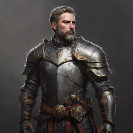 Prompt: (Full body) male stocky masculine mature swiss royal knight with short hair and beard, hairy chest, in a dark field, pathfinder, d&d setting, in a realistic high quality digital art style