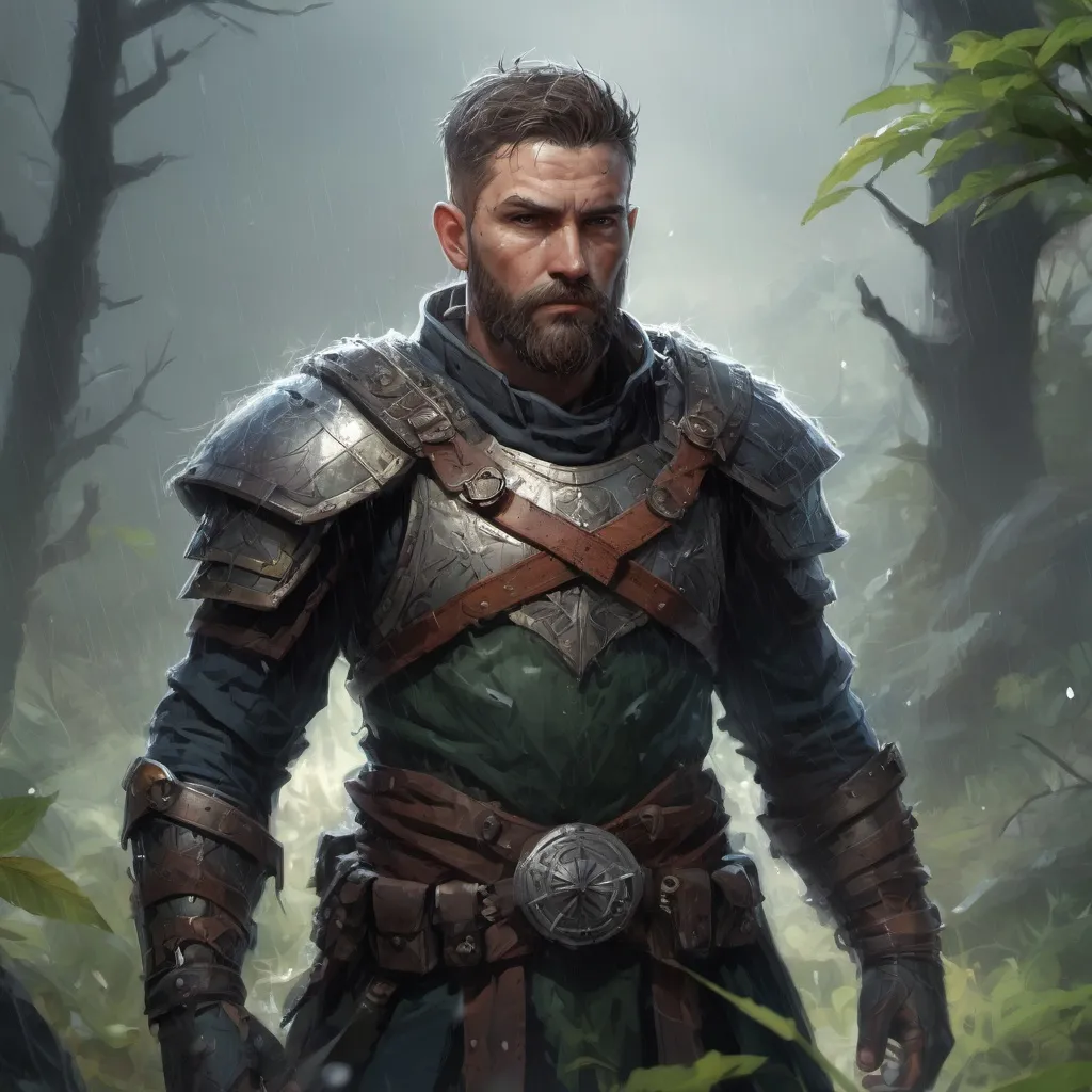 Prompt: Male stocky heavy-set warrior with short-cut hair and beard, in a thicket battlefield in a rainstorm, pathfinder, d&d setting, in a realistic high quality digital art style, enhanced shadow quality, colorful