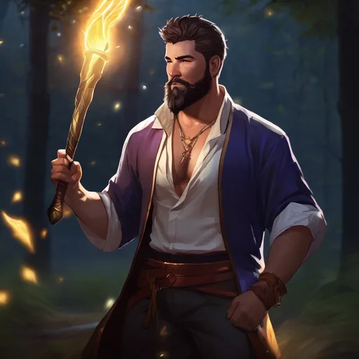 Prompt: (Full body) male stocky magical summoner with short hair and beard, open shirt, in dark lit nature background, pathfinder, d&d setting, in a realistic digital art style