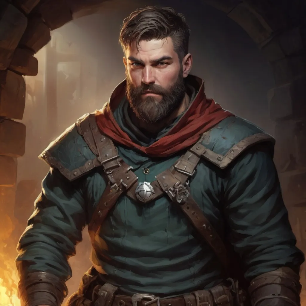 Prompt: Male stocky large rogue with short-cut hair and beard, exploring a dark dungeon looking for treasure, pathfinder, d&d setting, in a realistic high quality digital art style, enhanced shadow quality, colorful