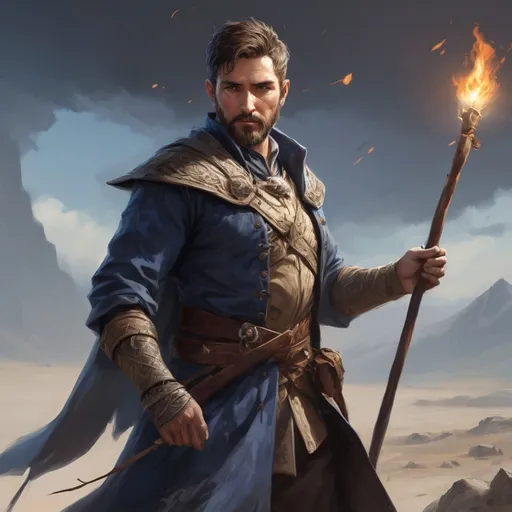Prompt: Male stocky heavy-set argentinian royal magus with short-cut hair and beard, casting spell on a windy battlefield, pathfinder, d&d setting, in a realistic high quality digital art style, enhanced shadow quality