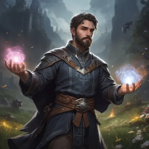 Prompt: Male stocky heavy-set cleric with short-cut hair and beard, casting a magical nature-spell out of hands, on a batle field at night, pathfinder, d&d setting, in a realistic high quality digital art style, enhanced shadow quality