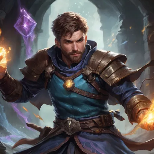 Prompt: Male stocky large battle-mage with short-cut hair and beard, engaged in combat casting a prismatic-light spell inside of a dark dungeon, pathfinder, d&d setting, in a realistic high quality digital art style, enhanced shadow quality, colorful