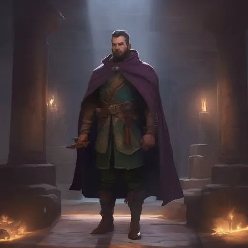 Prompt: (Full body) male stocky magical hunter with short-cut hair and beard, in a dark magic temple dungeon, cloak, pathfinder, d&d setting, in a realistic digital art style