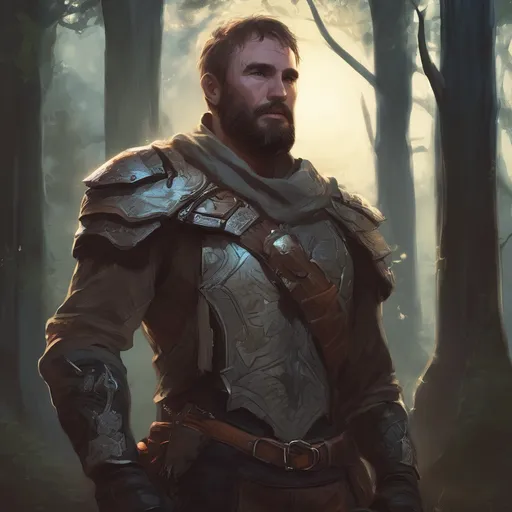 Prompt: (Full body) male handsome large fantasy ranger with short hair and beard, outside of a cave by a forest at night, pathfinder, d&d setting, in a realistic high quality digital art style