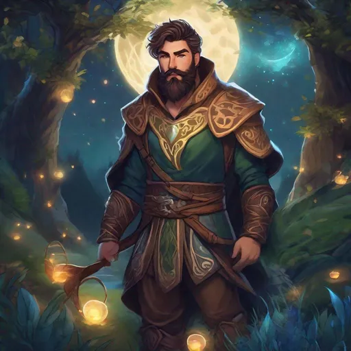 Prompt: A male druid with dark short-cut hair and beard, magical swirls, bare hairy chest, in nature at night, boots, pathfinder, in a detailed realistic digital art style