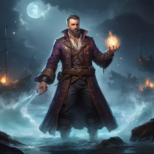 Prompt: male stocky mature heavy-built large pirate magus with short hair and beard, wearing magic coat, casting a water-spell, on a ship by land at night, pathfinder, d&d setting, in a realistic high quality digital art style