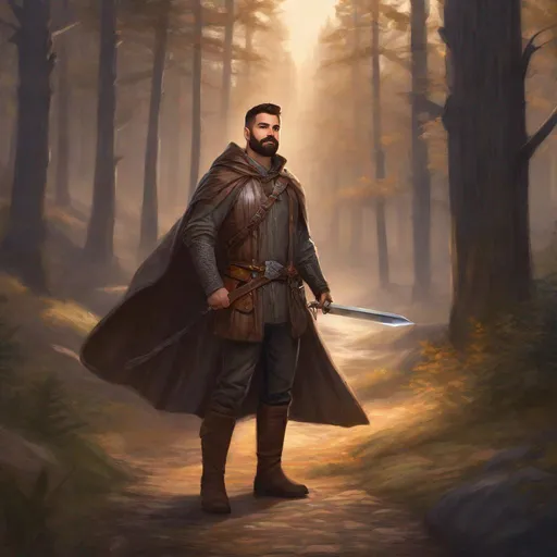 Prompt: (Fullbody) male adult transmuter manly face short-hair grey stripes, bearded, leather shirt open shirt, heavy belt , swirly magic, brown boots, cloak, pathfinder, dungeons and dragons, outside a town by a forest at night, holding a weapon, in a painted style, realistic