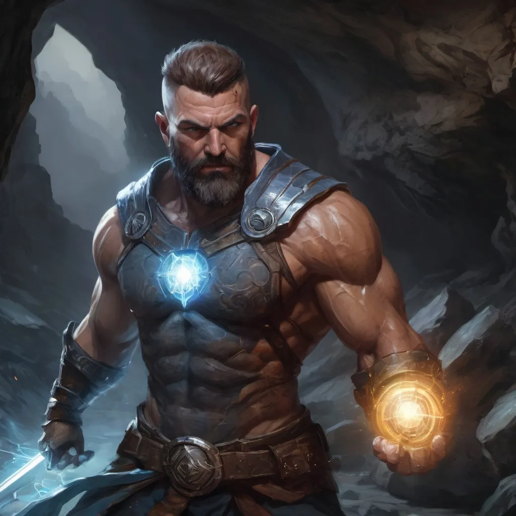 Prompt: (Torso) Male stocky large muscular 41-year old summoner with short-cut hair and beard, engaged in combat casting a light-spell inside of a windy cave, pathfinder, d&d setting, realistic, enhanced shadow quality, colorful