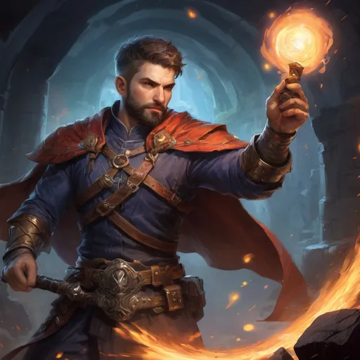 Prompt: Male stocky large battle-mage with short-cut hair and beard, engaged in combat casting a bright spell, inside of a dark cavernous dungeon, pathfinder, d&d setting, in a realistic high quality digital art style, enhanced shadow quality, colorful