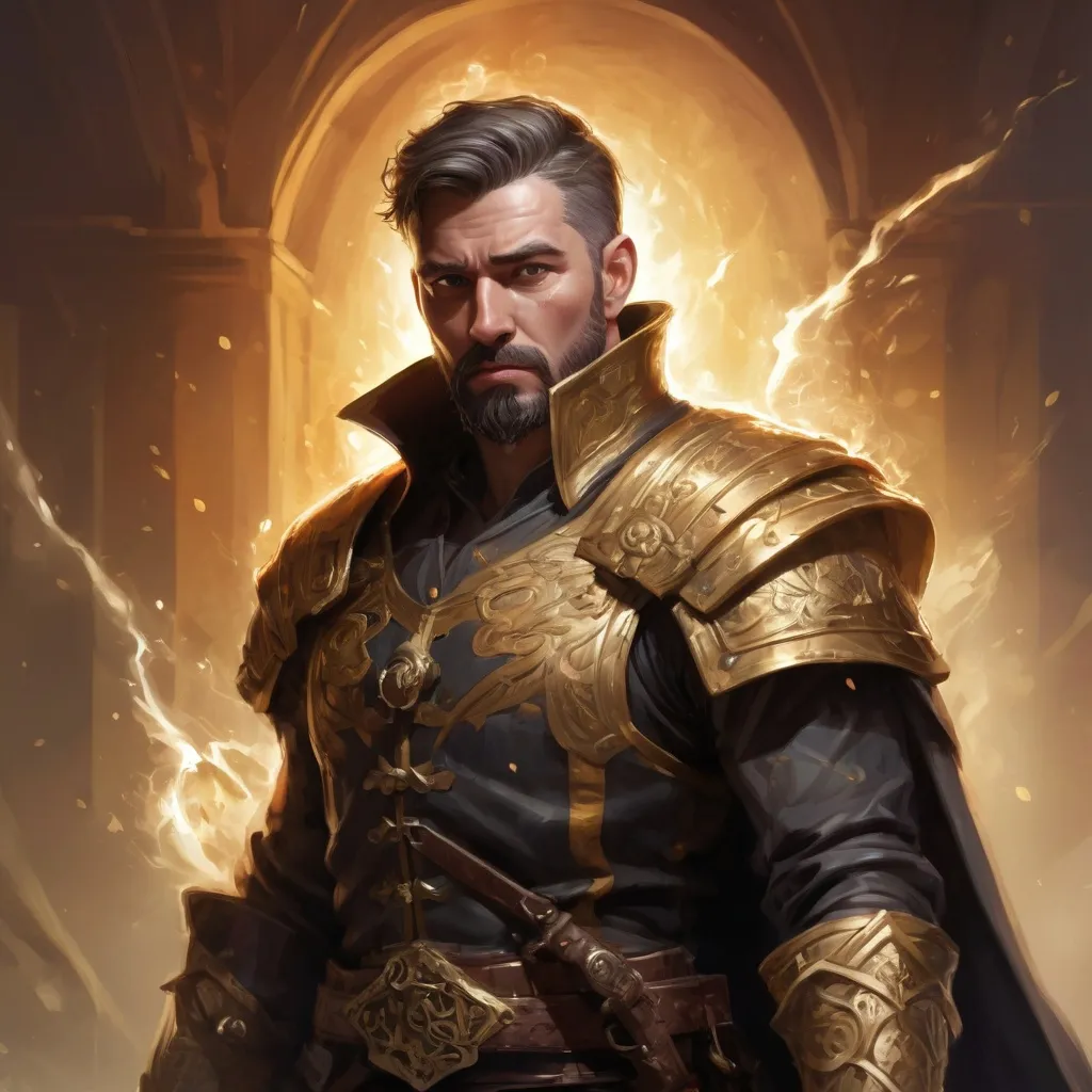 Prompt: Male stocky heavy-set mature illutionist with short-cut hair and beard, on a battlefield, in combat, casting a gold-spell, pathfinder, d&d setting, in a realistic high quality digital art style, enhanced shadow quality