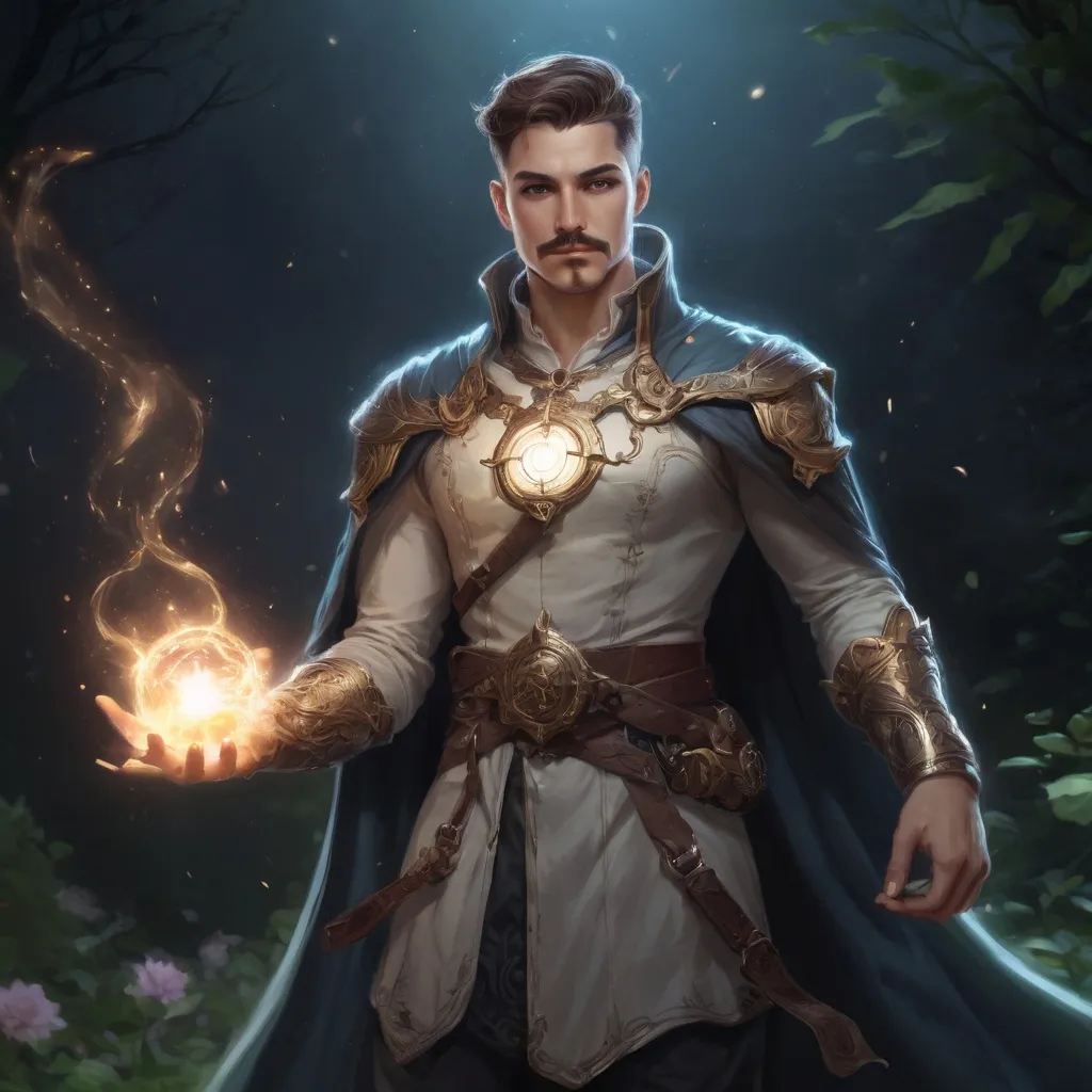 Prompt: (Full body) male stocky young muscular cleric with short-cut hair and a mustache, casting a swirly astral-spell, in nature at night pathfinder, d&d setting, in a realistic digital art style