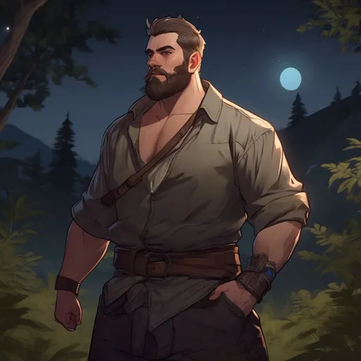 Prompt: (Full body) male stocky big-chested fighter with short hair and beard, thin open shirt on, in nature at night, pathfinder, d&d setting, in a realistic digital art style