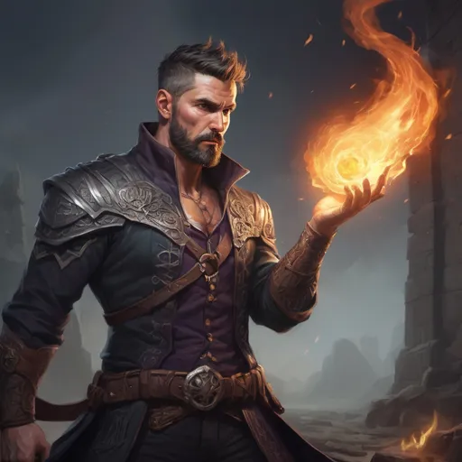 Prompt: Male stocky mature muscular illusionist with short-cut hair and beard, on a battlefield, in combat, Casting a spell, pathfinder, d&d setting, in a realistic high quality digital art style, enhanced shadow quality, colorful