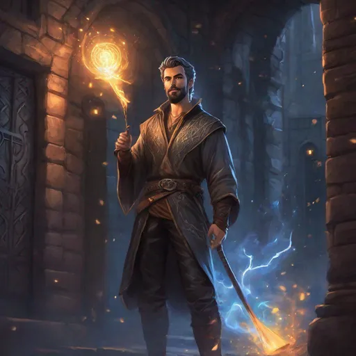 Prompt: (Full body) handsome young elemental wizard glowing eyes with short cut hair with grey streaks short beard, manly face, leather shirt, casting a magic spell, pathfinder, dungeons and dragons, in a dark back street, in a painted style, realistic