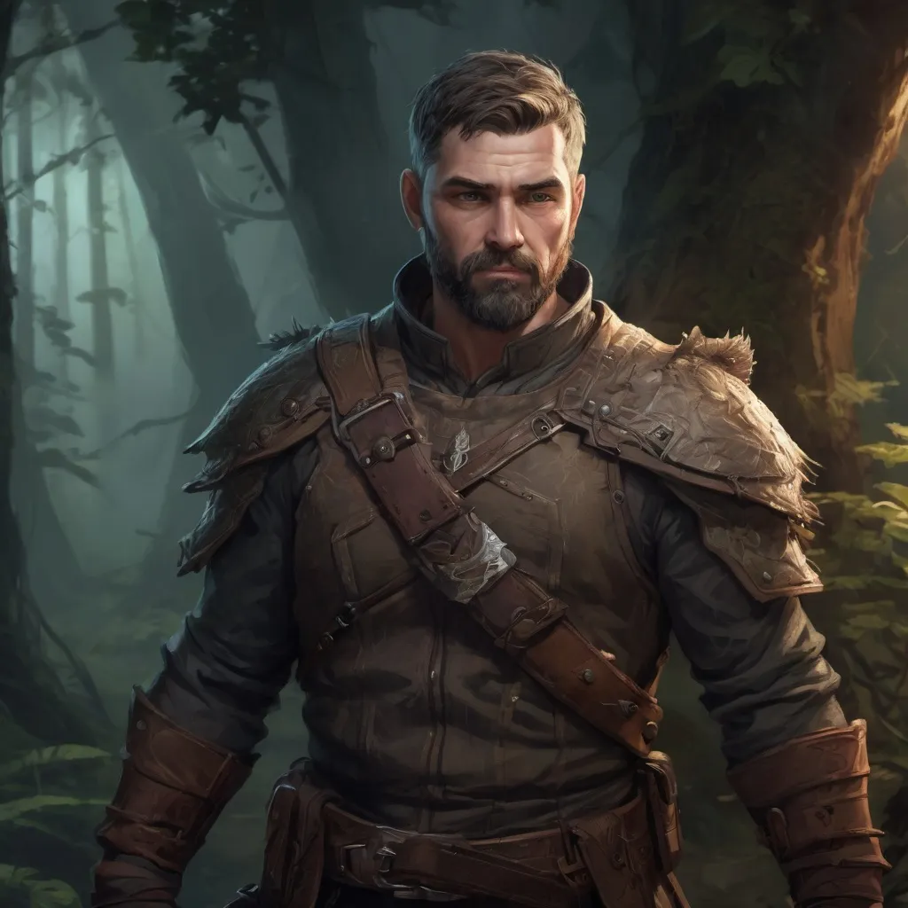 Prompt: Male stocky heavy-set mature fantasy-ranger with short-cut hair and beard, outside of fantasy forest at night, pathfinder, d&d setting, in a realistic high quality digital art style, enhanced shadow quality