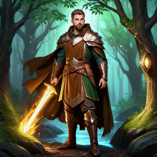 Prompt: (Full body picture) An elemental druid with short-cut hair and short beard, brown branch armor, magic around, cloak, manly, fantasy setting, dungeons and dragons, forest at night, in realistic digital art style