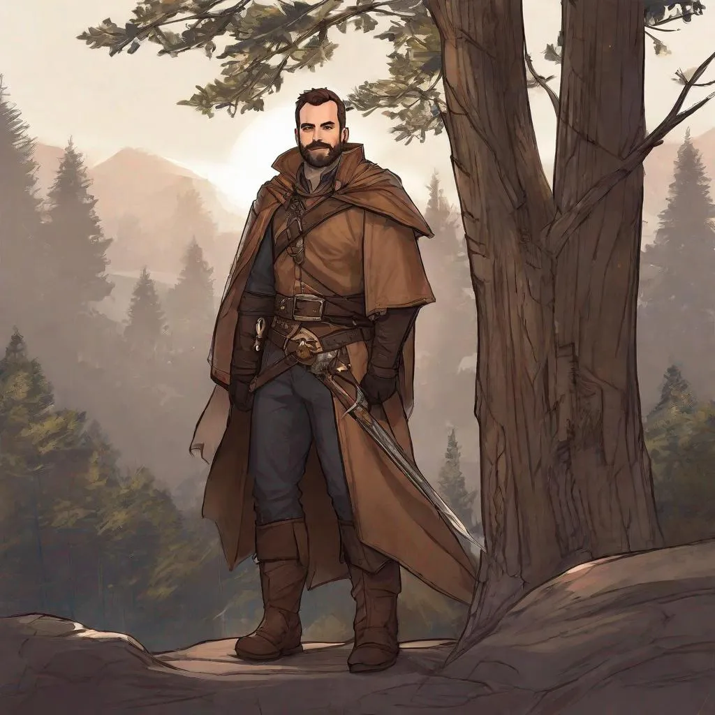 Prompt: (Fullbody) hairy manly bandit face looks like johnny lee miller, short-hair, short-bearded, leather shirt, open shirt, heavy belt, brown boots, cloak, pathfinder, dungeons and dragons, monocle, outside a town by a forest at night, holding a weapon, in a painted style, realistic