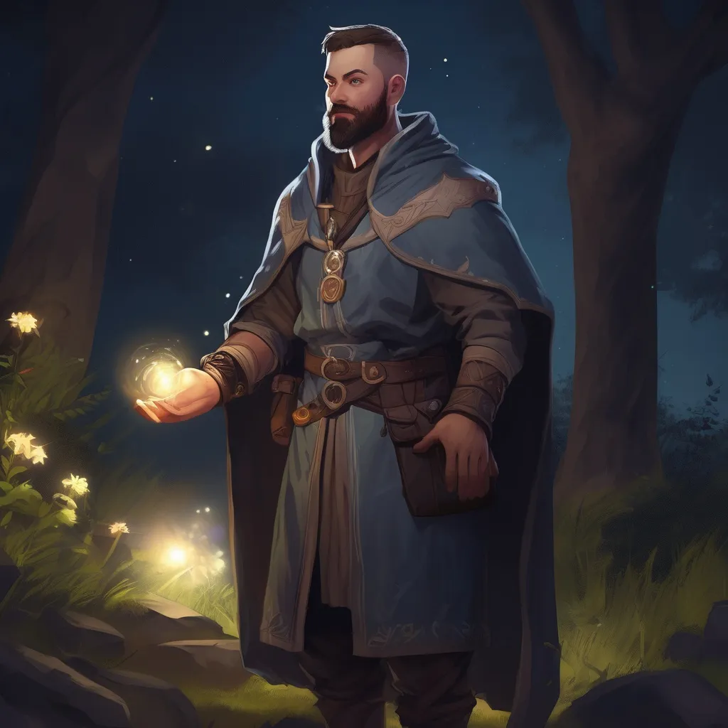 Prompt: (Full body) male magical stocky cleric with short hair and beard, in nature at night, pathfinder, d&d setting, in a realistic digital art style