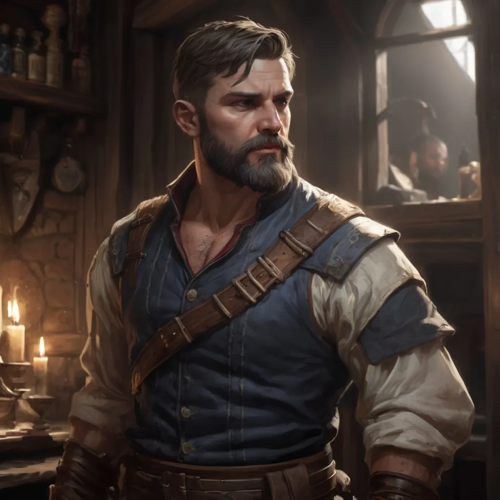 Prompt: Male stocky large muscular royal bard with short-cut hair and beard, exploring a dark tavern room, pathfinder, d&d setting, realistic, enhanced shadow quality