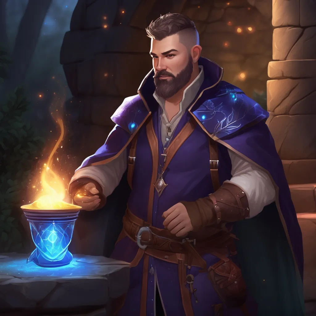 Prompt: (Full body) male stocky magical alchemist with short hair and beard, in dark lit nature background, pathfinder, d&d setting, in a realistic digital art style