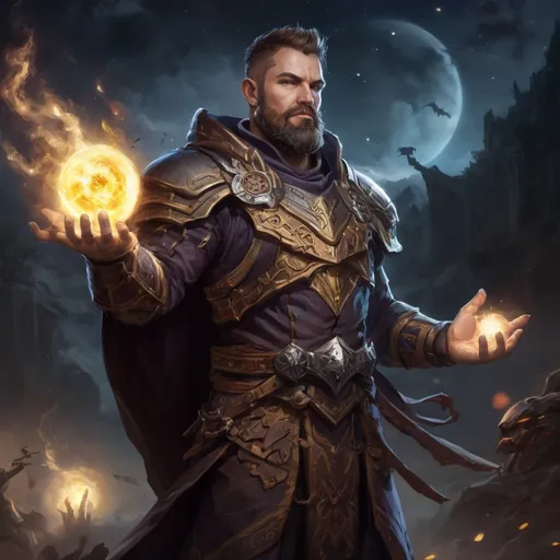 Prompt: Male stocky heavy-set warpriest with short-cut hair and beard, casting a magical nature-spell out of hands, on a batle field at night, pathfinder, d&d setting, in a realistic high quality digital art style, enhanced shadow quality