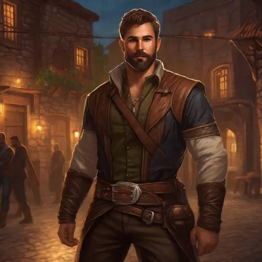 Prompt: (Fullbody) male adult rogue manly face, brown short-hair short-bearded, dark leather shirt open visible hairy chest, heavy belt, brown boots, pathfinder, dungeons and dragons, outside a town at night, in a painted style, realistic