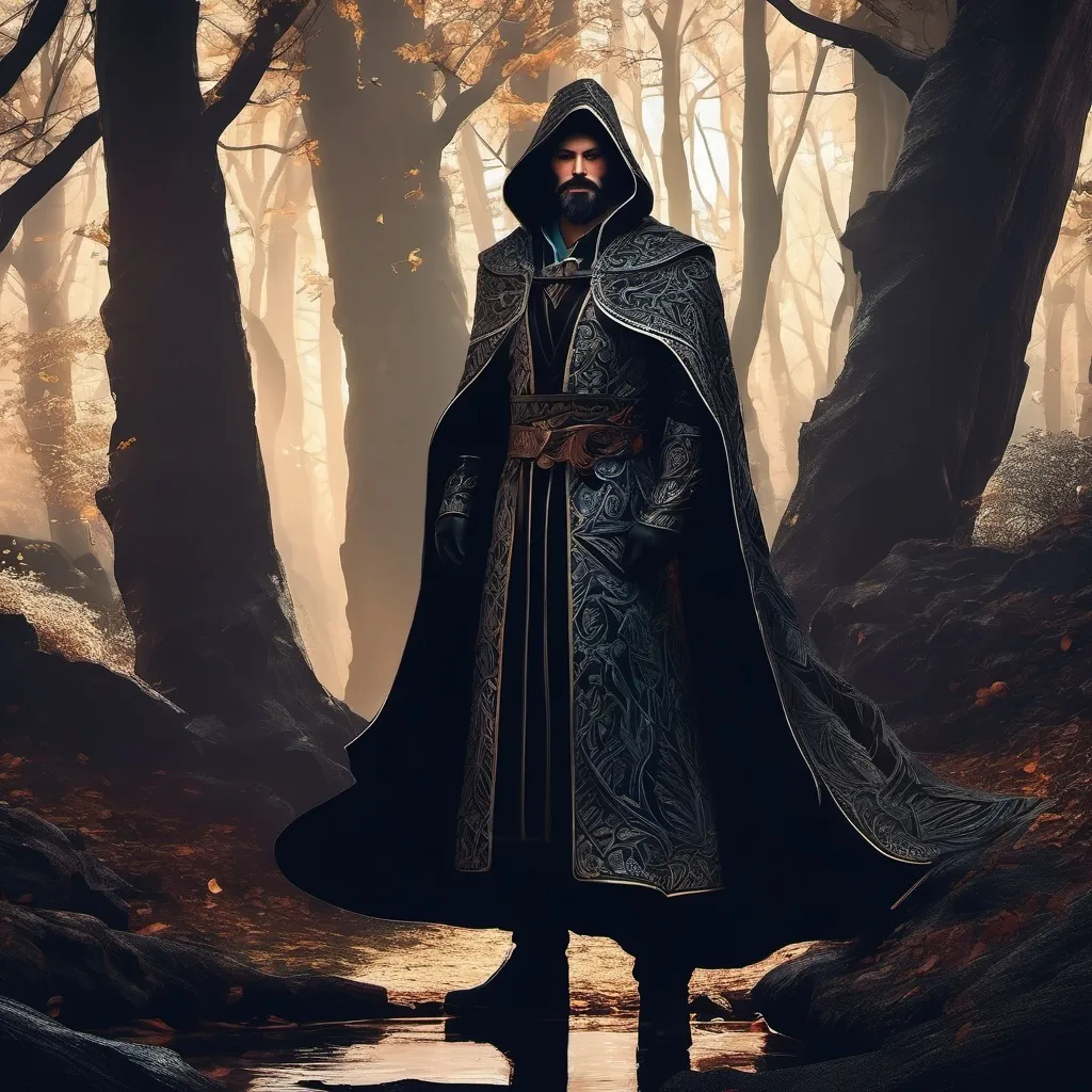 Prompt: (Full body) male magus with a short hair and beard, standing outside of a dark forest, d&d, fantasy setting, in a digital art style