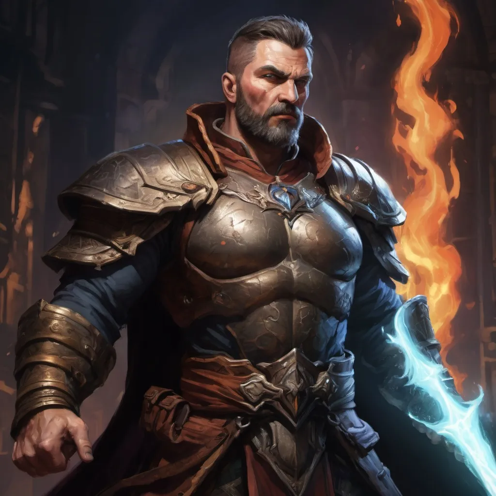 Prompt: (torso) Male stocky large muscular mature handsome battle-mage with short-cut hair and beard, engaged in combat casting an arcane-spell inside of a dark dungeon, in movement, pathfinder, d&d setting, realistic, enhanced shadow quality, colorful