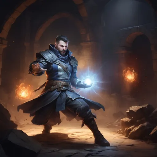 Prompt: Male stocky large battle-mage with short-cut hair and beard, engaged in combat casting a white-light spell inside of a dark dungeon, pathfinder, d&d setting, in a realistic high quality digital art style, enhanced shadow quality, colorful