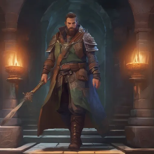 Prompt: (Full body) male stocky mage-hunter with short-cut hair and beard, in a dark magic temple dungeon, wearing big shoulderguards, pathfinder, d&d setting, in a realistic digital art style