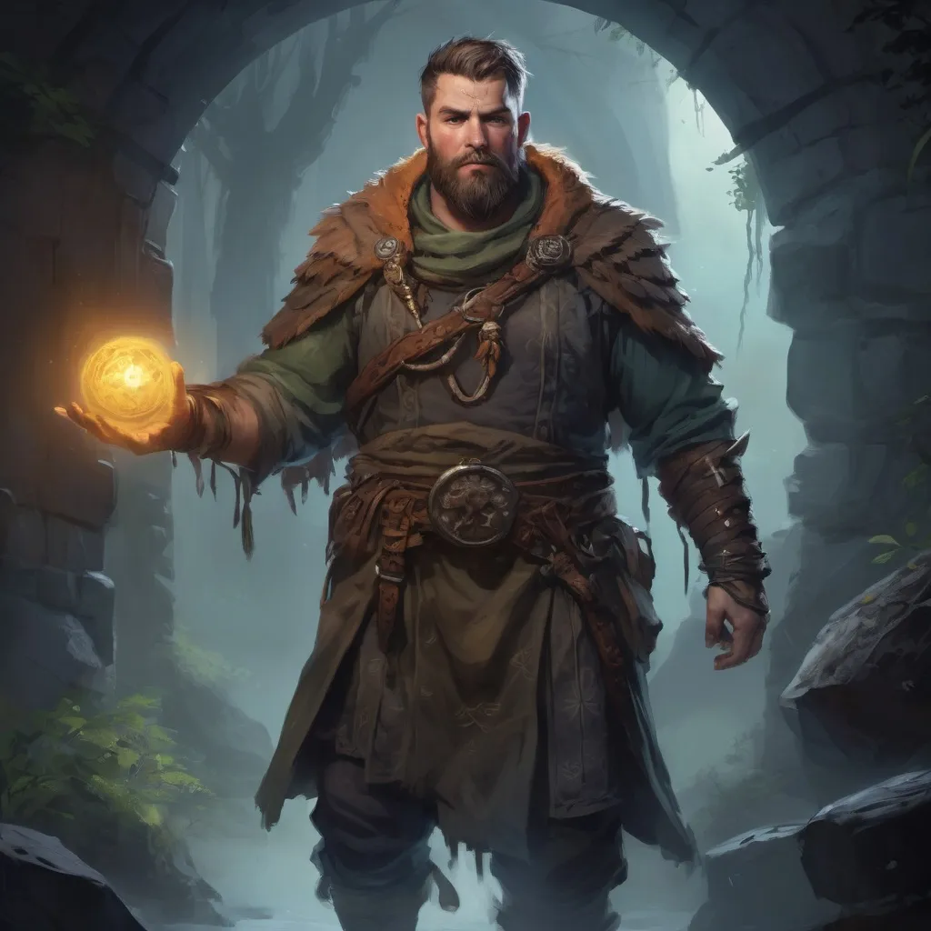 Prompt: Male stocky heavy-set fantasy-druid with short-cut hair and beard, outside of fantasy dungeon at night, pathfinder, d&d setting, in a realistic high quality digital art style, enhanced shadow quality