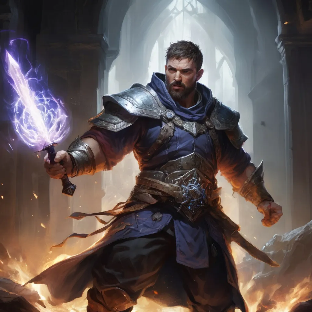 Prompt: Male stocky large muscular battle-mage with short-cut hair and beard, engaged in combat casting a white-light spell inside of a dark dungeon, pathfinder, d&d setting, realistic, enhanced shadow quality, colorful