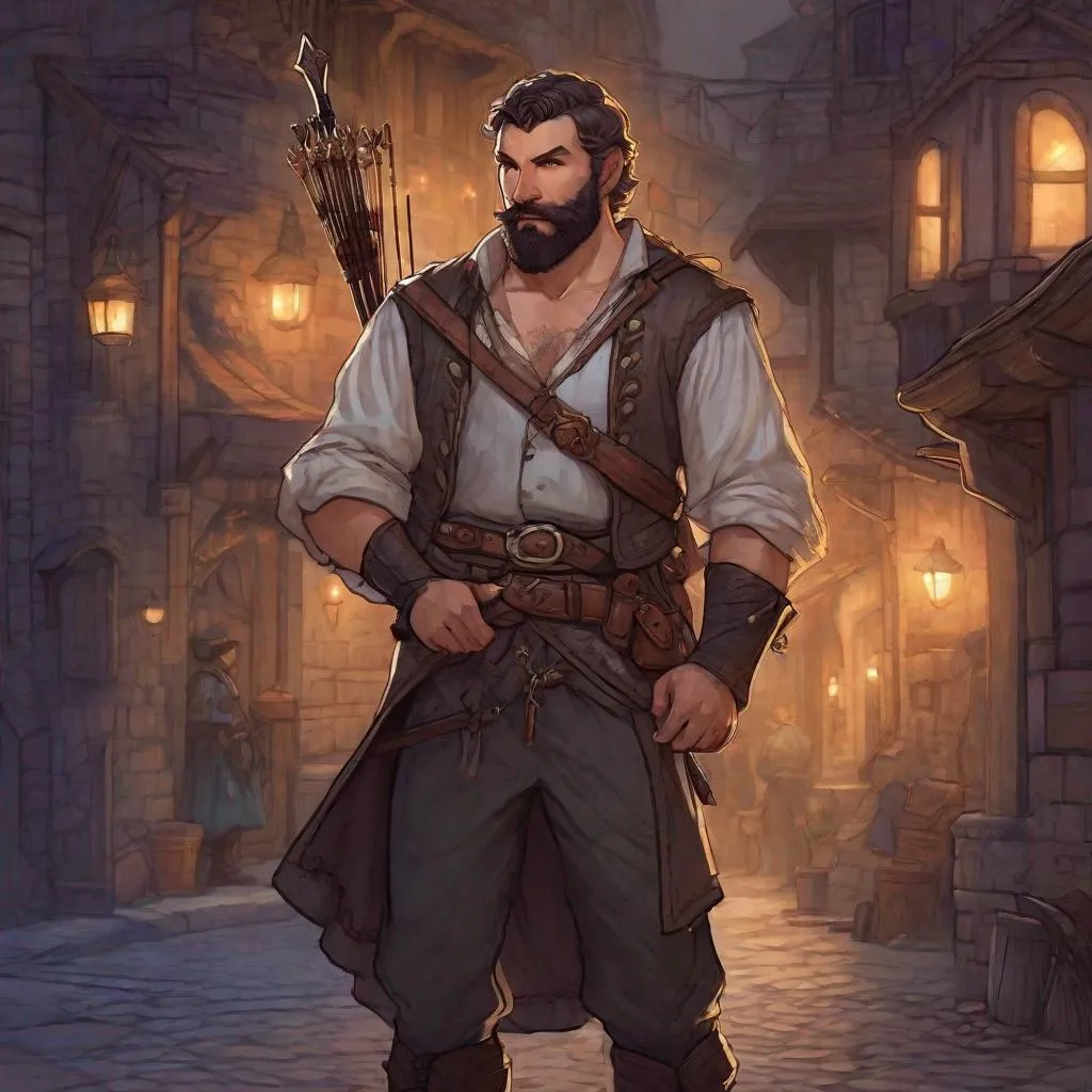 Prompt: (Full body) A male short-haired bard with open shirt hairy chest and short beard holding a crossbow one hand big nose, manly, dungeons and dragons fantasy setting, night time in a town street, in a painted style