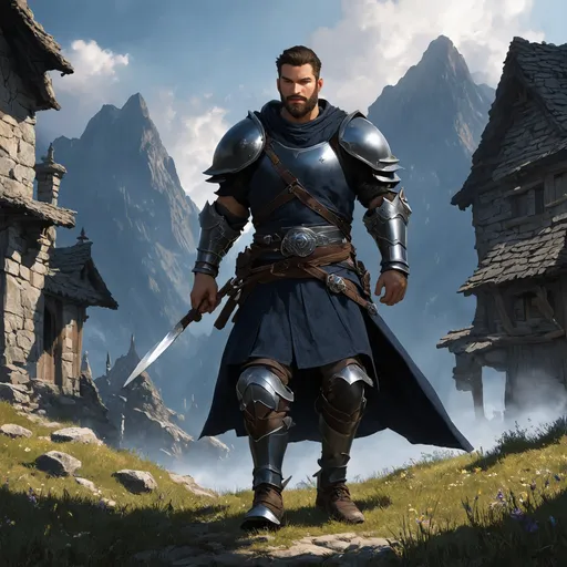 Prompt: (Full body) male rogue with short hair and beard, in rugged navy-blue armor, exploring a dark fantasy villiage by a mountain, pathfinder, d&d setting, in a detailed digital art style